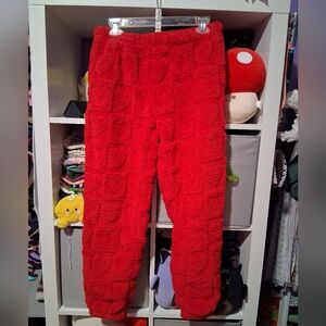 Plush Red Heart-Textured Joggers for Women